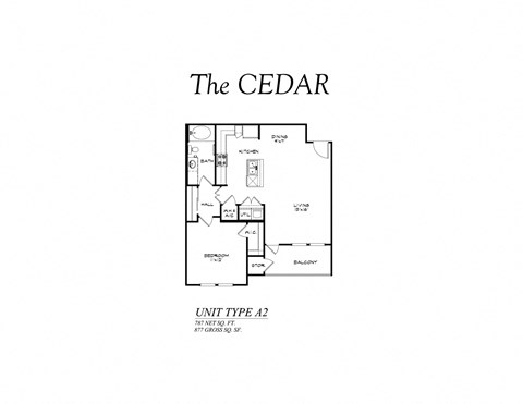 Floor plan for 1 bed, 1 bath, 877 sqft